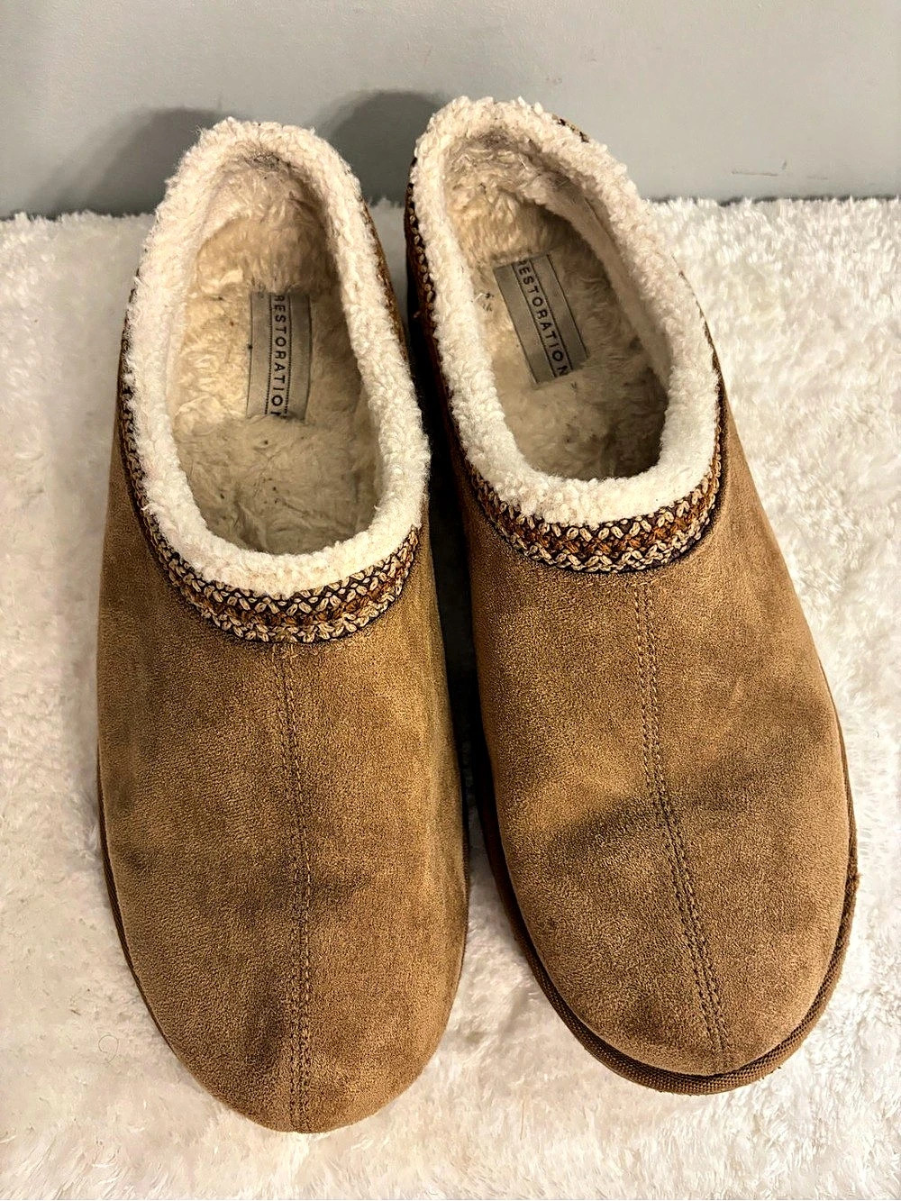 Restoration Hardware Shearling Lined Suede Slippers in Brown & Cream Sz.11